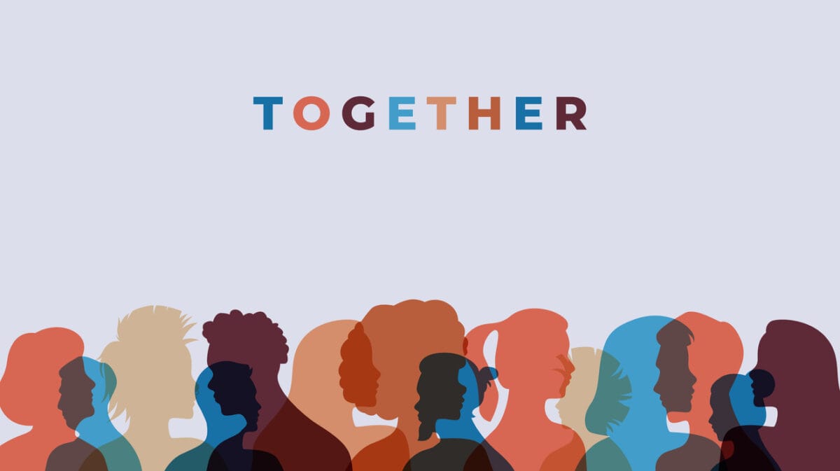 Together colorful quote illustration with diverse silhouette people faces in transparent color design.
